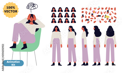 Female burnout character set with emotional expressions, turnaround sheet and hand gestures. Mental health vector collection with stress and anxiety poses.