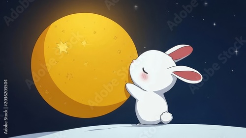 Cute white bunny hugging a big bright full moon in night sky illustration wallpaper aesthetic artwork for children bedroom decor.