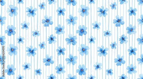 Watercolour seamless blue floral pattern with small flowers on white background. Hand drawn ditsy print for textiles, wallpaper, and fabric designs