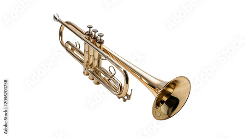 Foto Shiny brass trumpet musical wind instrument classic jazz on transparent backgrou