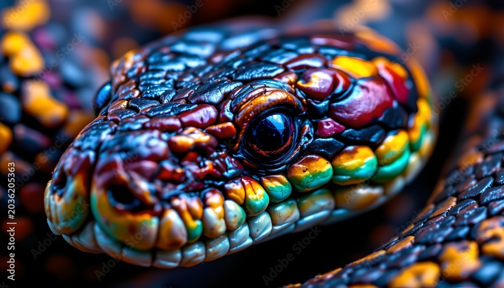 Fototapeta premium The image features a close up of a vibrant, multicolored reptile, possibly a snake, showcasing its detailed and textured scales