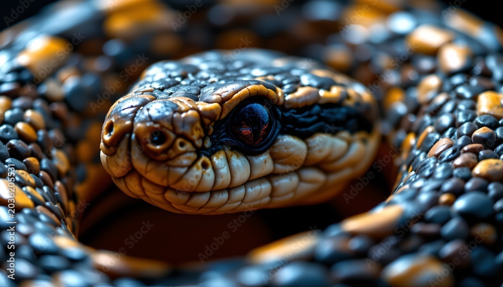 Fototapeta premium The image features a close up of a coiled snake, with its head prominently displayed in the foreground
