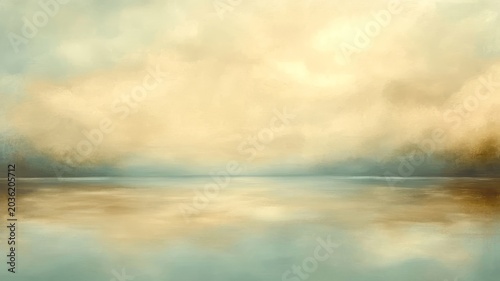 Abstract impressionist landscape painting featuring soft golden clouds above serene water reflections calm morning atmosphere.