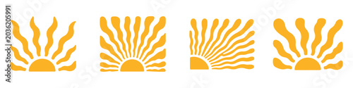 Groovy retro abstract sun backgrounds. Sun groovy design elements set. Various yellow floral hippie 60s 70s style.