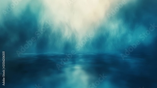 Ethereal blue fog rising over dark water surface moody abstract artistic atmospheric background scene concept art wallpaper.