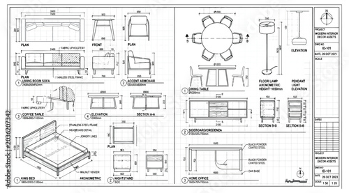 Quadro su tela Detailed furniture design specifications with dimensions and orthographic views
