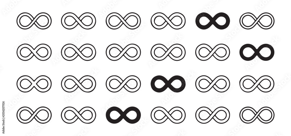 Foto Infinity loop symbols pattern with highlighted solid icons showing eternal concept and endless repeat cycle