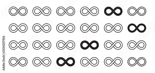 Konstfotografi Infinity loop symbols pattern with highlighted solid icons showing eternal concept and endless repeat cycle