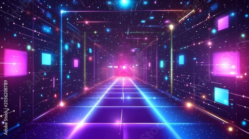 Futuristic digital cyber tunnel with neon glowing lights and abstract data particles moving in infinite virtual space dimensions.