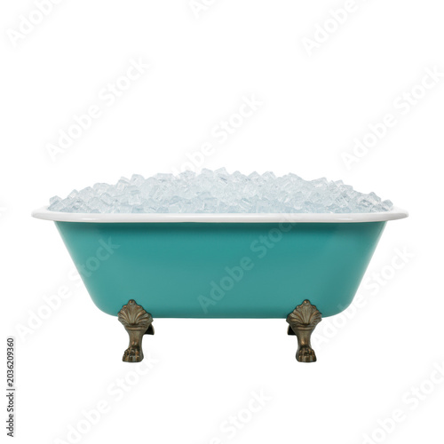 A vintage clawfoot bathtub with glossy turquoise enamel and ornate metallic feet, brimming with sparkling ice cubes on a white studio background, refreshing coolness and purity concept