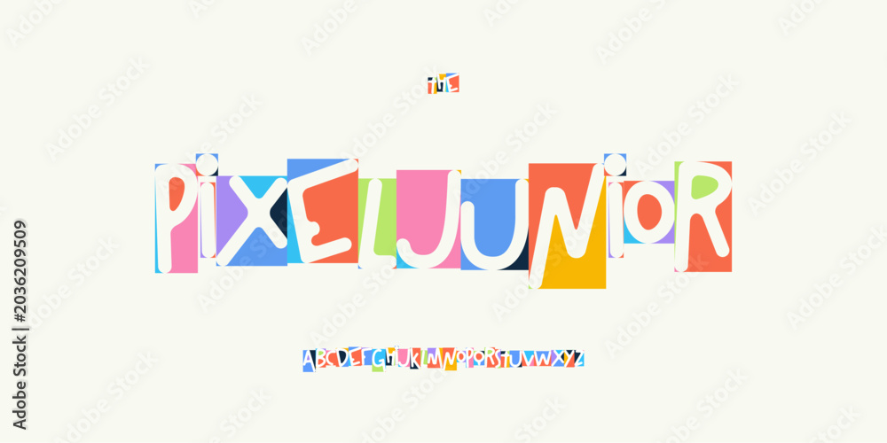 Αυτοκόλλητο Pixel Junior Font Fun Kid Edtech Logo Cartoon Alphabet Vector English Letter Set Modern Typography, Creative Typographic Design for Education Title Text, Typo Poster Headline