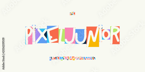 Tableau sur toile Pixel Junior Font Fun Kid Edtech Logo Cartoon Alphabet Vector English Letter Set Modern Typography, Creative Typographic Design for Education Title Text, Typo Poster Headline