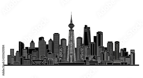 Shanghai city skyline silhouette illustration with iconic tower