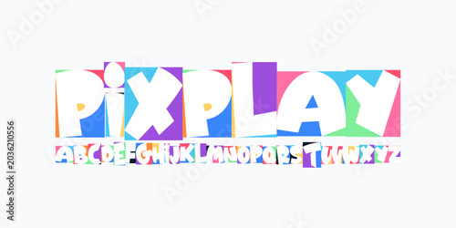 Konstfotografi Pix Play colorful pixel font alphabet, playful geometric letters for kids coding game logo, school poster, STEM headline and digital learning branding