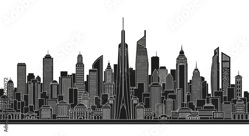 Black and white city skyline silhouette illustration