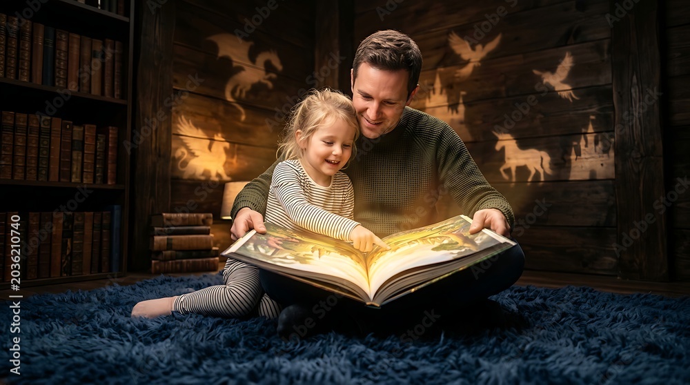 Obraz premium Father and young daughter reading a magical glowing book together