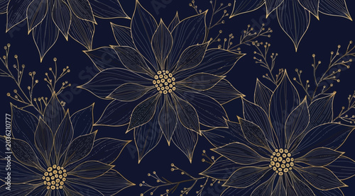 Bild auf Leinwand Luxury floral background with golden line art poinsettia flowers on dark navy bl