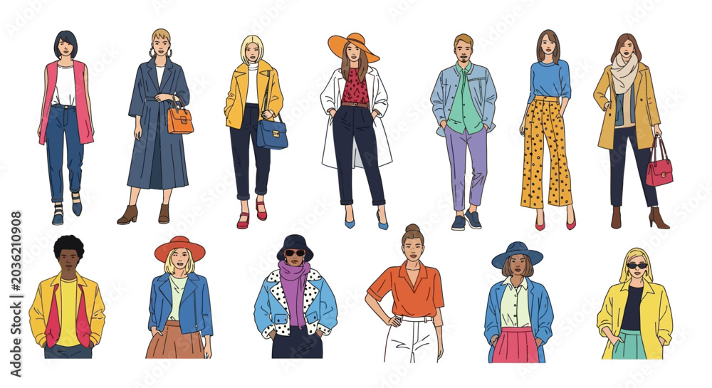 Fototapeta premium Diverse fashionable people in stylish clothing posing separately on white
