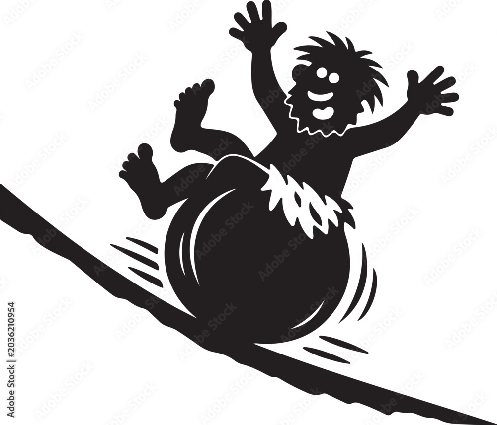 Fototapeta premium Caveman rolling large boulder downhill during prehistoric times vector silhouette