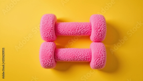 Pink fluffy dumbbells positioned on a bright yellow background, showcasing a vibrant and playful design suitable for fitness enthusiasts and home workouts