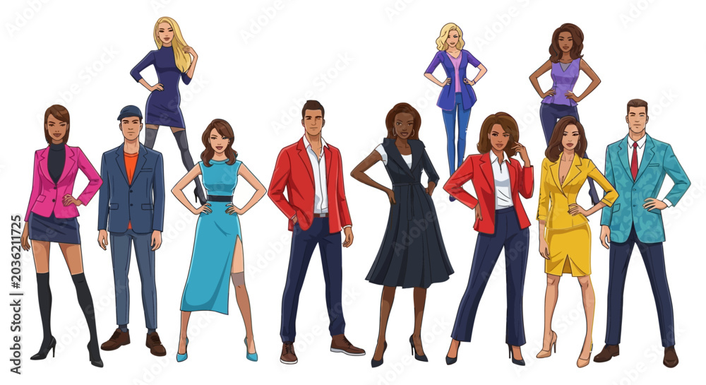 Obraz premium Diverse group of professionals in stylish outfits vector illustration