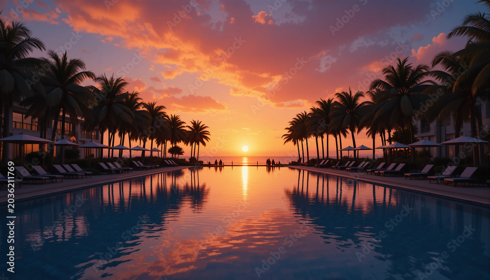 Obraz premium Tropical resort pool at sunset with palm trees lining the water, reflecting vibrant colors of the sky and creating a serene atmosphere for relaxation