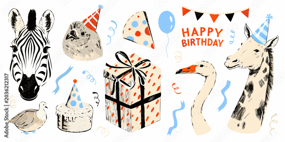 © Ajay - Animal heads and birthday elements hand drawn vector illustration © Ajay - Animal heads and birthday elements hand drawn vector illustration