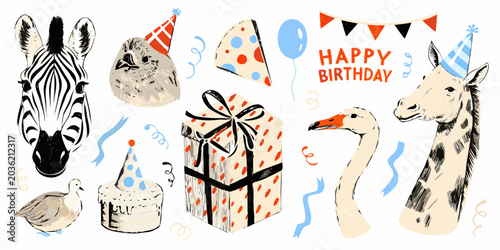 Slika na platnu Animal heads and birthday elements hand drawn vector illustration