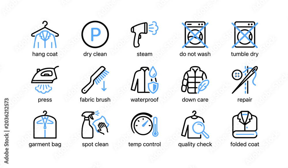 Fototapeta premium Laundry care icons arranged in grid on white background
