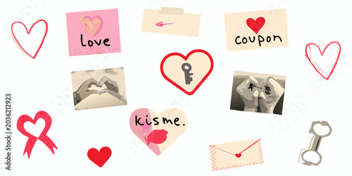 Quadro su tela Collection Of Heart Shapes And Romantic Elements On White Background
