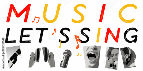 Photos Music Typography And Musical Instrument Vector Collage On White Background