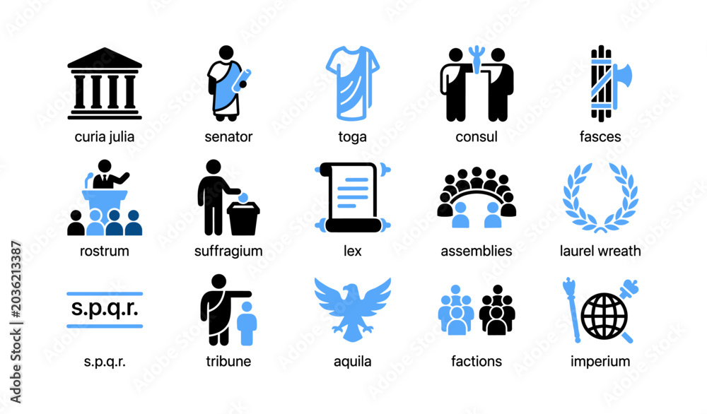 Fototapeta premium Roman government icons arranged in grid on white background