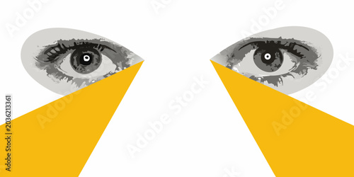 Bilde på lerret Two realistic grayscale eyes with yellow beams on white background