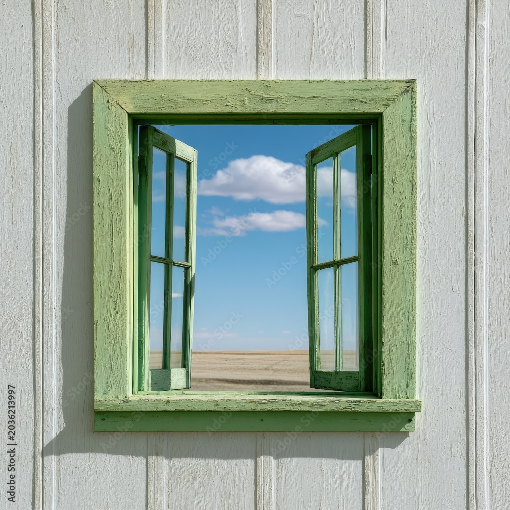 Obraz premium Green-framed window opens to a bright blue sky with fluffy white clouds