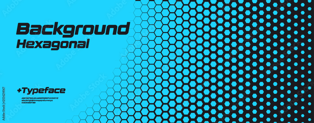 Naklejka premium Hexagonal honeycomb blue neon gradient, tech halftone background with bold rounded dynamic font for sport, race, technology. Perfect for banner, website, poster, branding, ads. Vector illustration