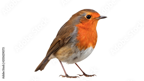 Beautiful wild European robin bird standing profile view isolated on transparent background