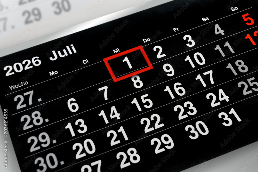 Fototapeta premium Deutscher Kalender Datum 1. Juli 2026 Mittwoch schwarz rot