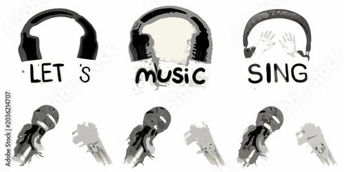 Foto Headphones And Hands Collage Black And White Illustration