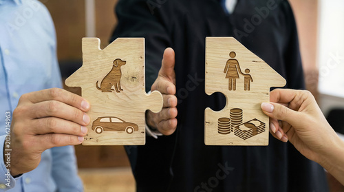 A man and a woman are dividing property in court during a divorce