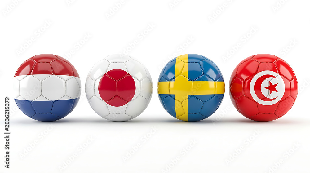 Naklejka premium World Cup 2026 GROUP F teams ball flags. 3d illustration.
