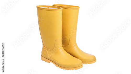 Canvastavla Pair of classic yellow rubber rain boots waterproof footwear isolated on transpa