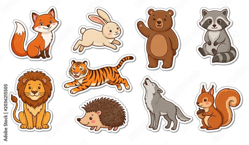 Fototapeta premium Flat style wild forest mammal sticker pack cartoon animals lion tiger fox bear wolf vector set