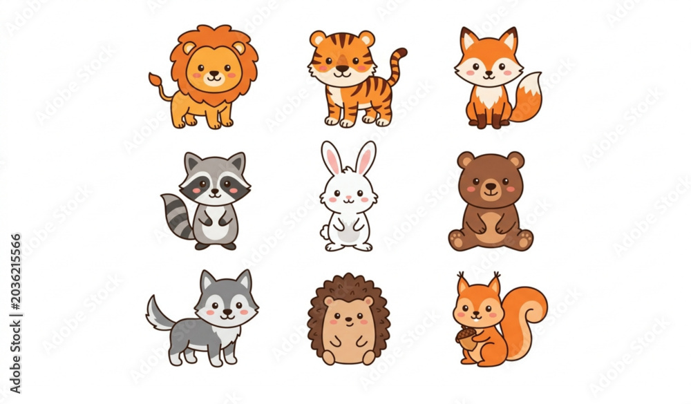 Obraz premium Cute wild mammal cartoon character set with lion tiger fox bear wolf rabbit raccoon hedgehog squirrel vector illustration