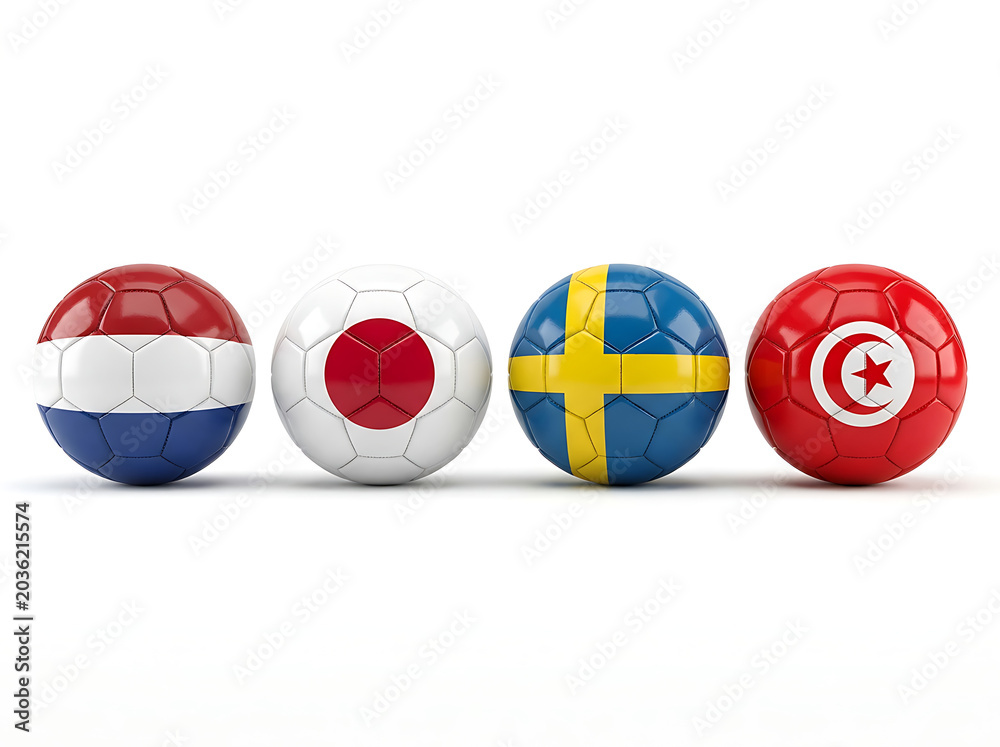 Obraz premium World Cup 2026 GROUP F teams ball flags. 3d illustration.