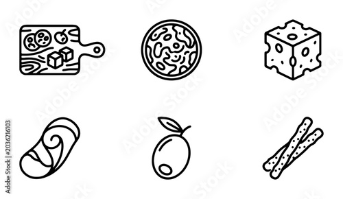 Foto Charcuterie Board Icons, Cheese Cubes, Olives, Salami, Breadsticks, Vector Set