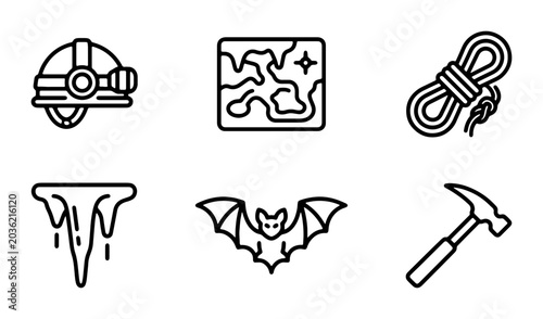 Canvas-taulu Cave Exploration Icons: Helmet, Map, Rope, Icicles, Bat, Hammer, Adventure Gear
