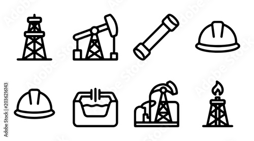 Cuadro en lienzo Oil Rig Icons, Pumpjack Vector Set, Hard Hat, Refinery Equipment, Industry Graph