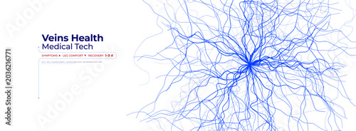 Blue Veins Mesh Cell Vascular Network Radial Pattern on White Background for Hematology Science Innovation Tech Research, Circulatory Medical Brochure BG. Health Awareness Poster. Vector Illustration
