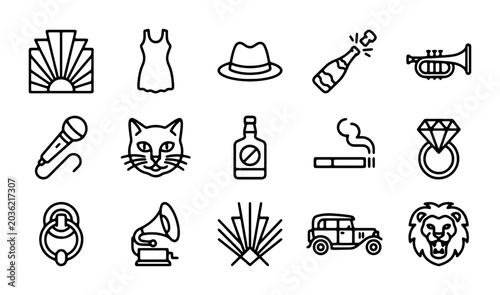 Foto Art Deco Icons Set: Flapper Dress, Fedora Hat, Champagne Bottle, Trumpet, Microp