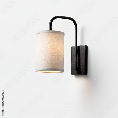 Minimalist fabric wall lamp with black metal arm, modern accent